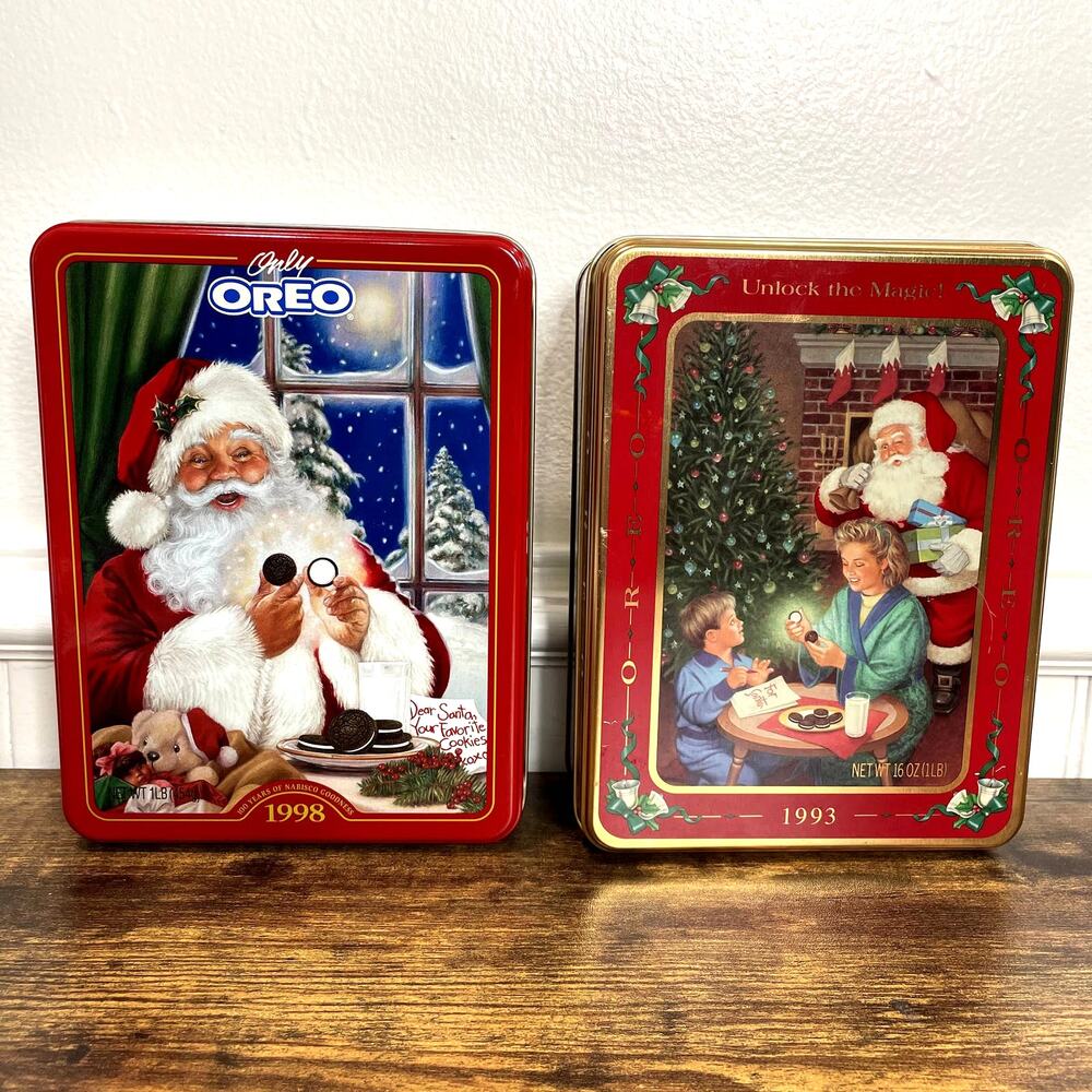 Oreo Cookie Santa Tins Box Vintage 1993 1998 Christmas Holiday Nabisco USA